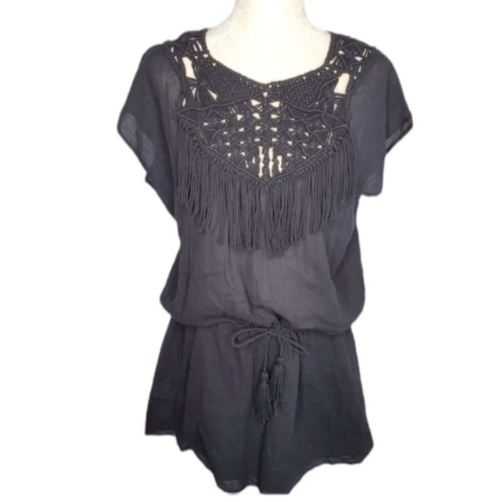 ULLA JOHNSON Eivissa black cotton‎ macrame fringe mini dress 6